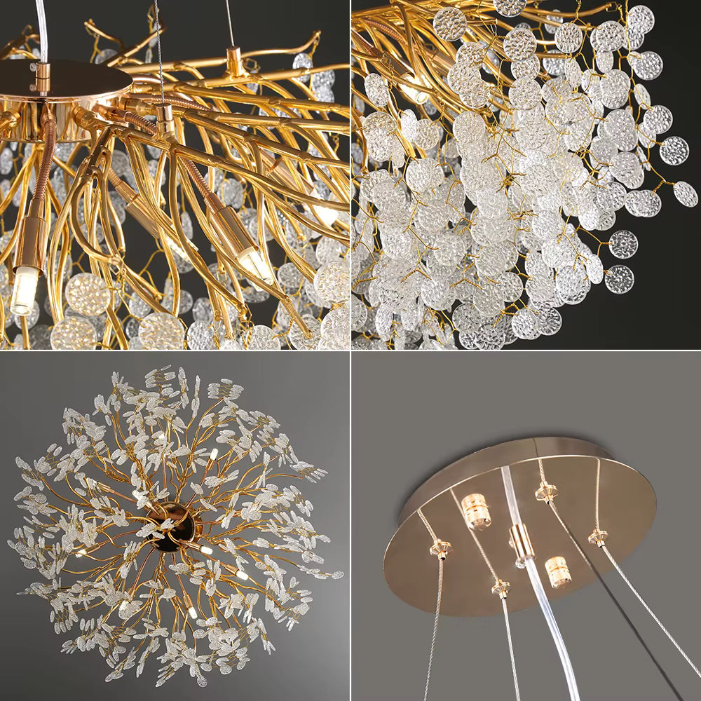 Lustre Majestade de Cristal LED – Iluminação de Luxo com Design Exclusivo em Folhas Douradas