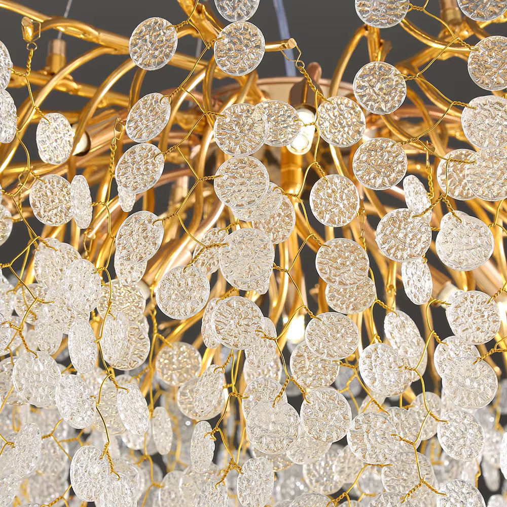 Lustre Majestade de Cristal LED – Iluminação de Luxo com Design Exclusivo em Folhas Douradas