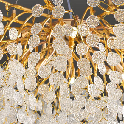 Lustre Majestade de Cristal LED – Iluminação de Luxo com Design Exclusivo em Folhas Douradas