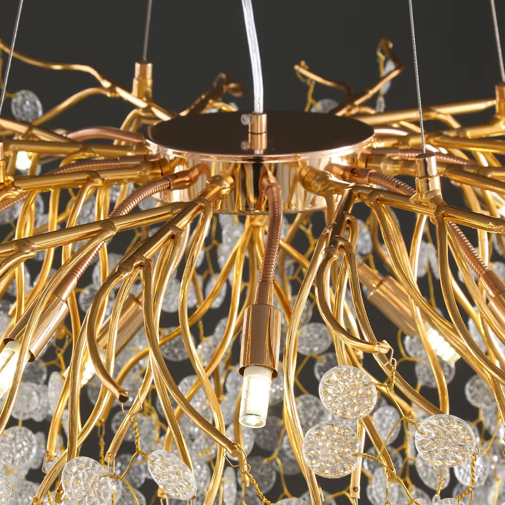 Lustre Majestade de Cristal LED – Iluminação de Luxo com Design Exclusivo em Folhas Douradas